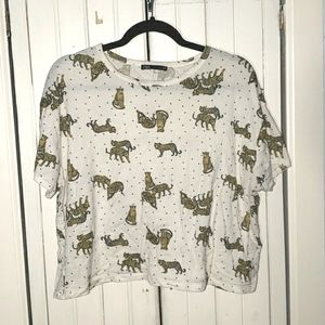 Zara Women's Polka Dot Cheetah Cat Short Sleeve Tee T Shirt Casual Size Large